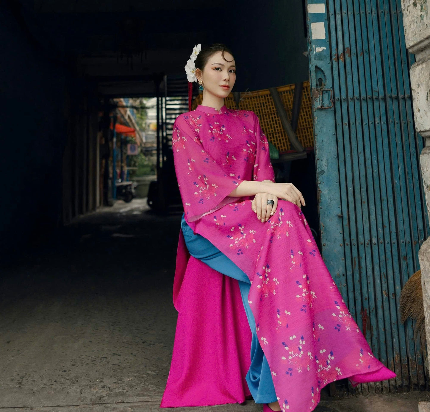 T406 Áo Only - Áo dài 4 tà hoạ tiết màu hồng sen