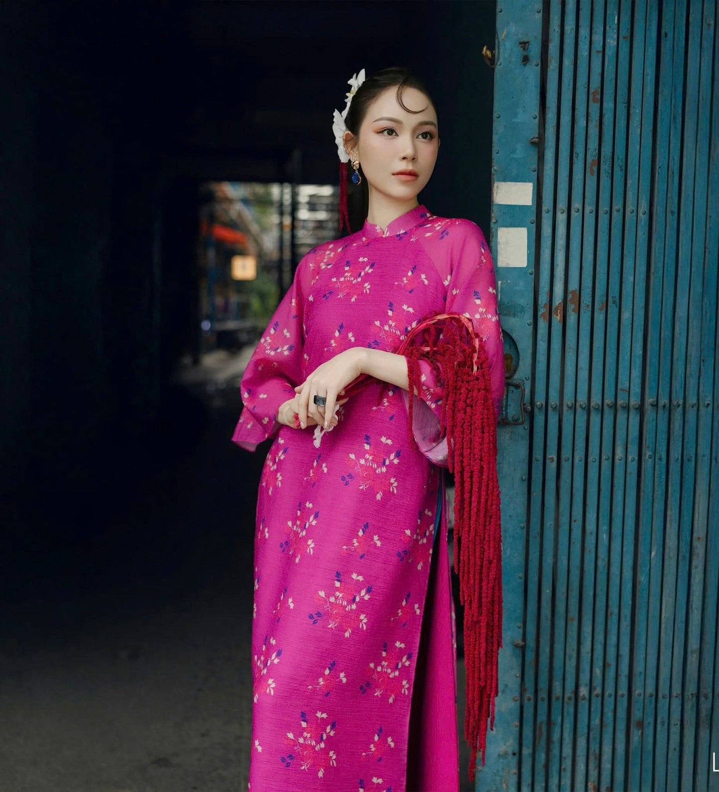 T406 Áo Only - Áo dài 4 tà hoạ tiết màu hồng sen