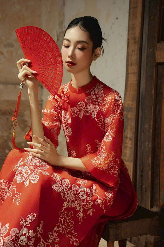 M170 áo + quần - Áo dài mẹ tơ 4 tà dệt nổi màu đỏ + quần đỏ