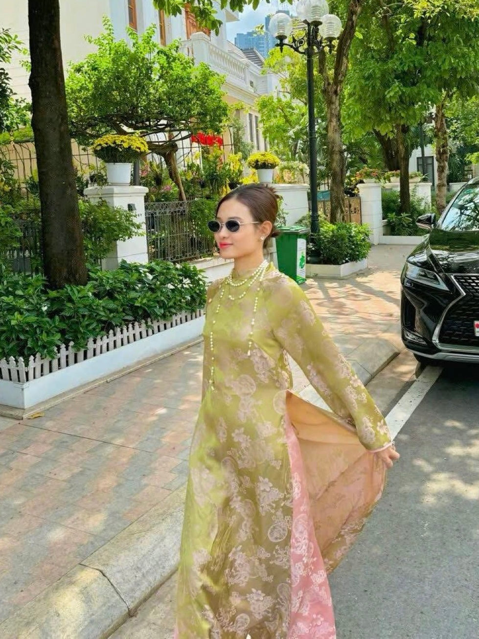 M195 áo + quần hồng cùng chất - Áo dài gấm lụa tơ tằm