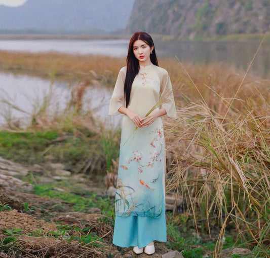 PreOrder TN1503 Áo+Quần- Áo dài cách tân in hoa nổi Thuỷ Giao