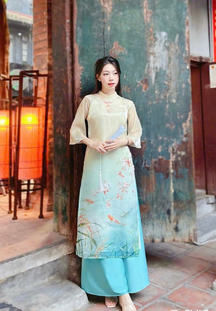 PreOrder TN1503 Áo+Quần- Áo dài cách tân in hoa nổi Thuỷ Giao