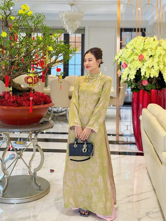 M195 áo + quần hồng cùng chất - Áo dài gấm lụa tơ tằm