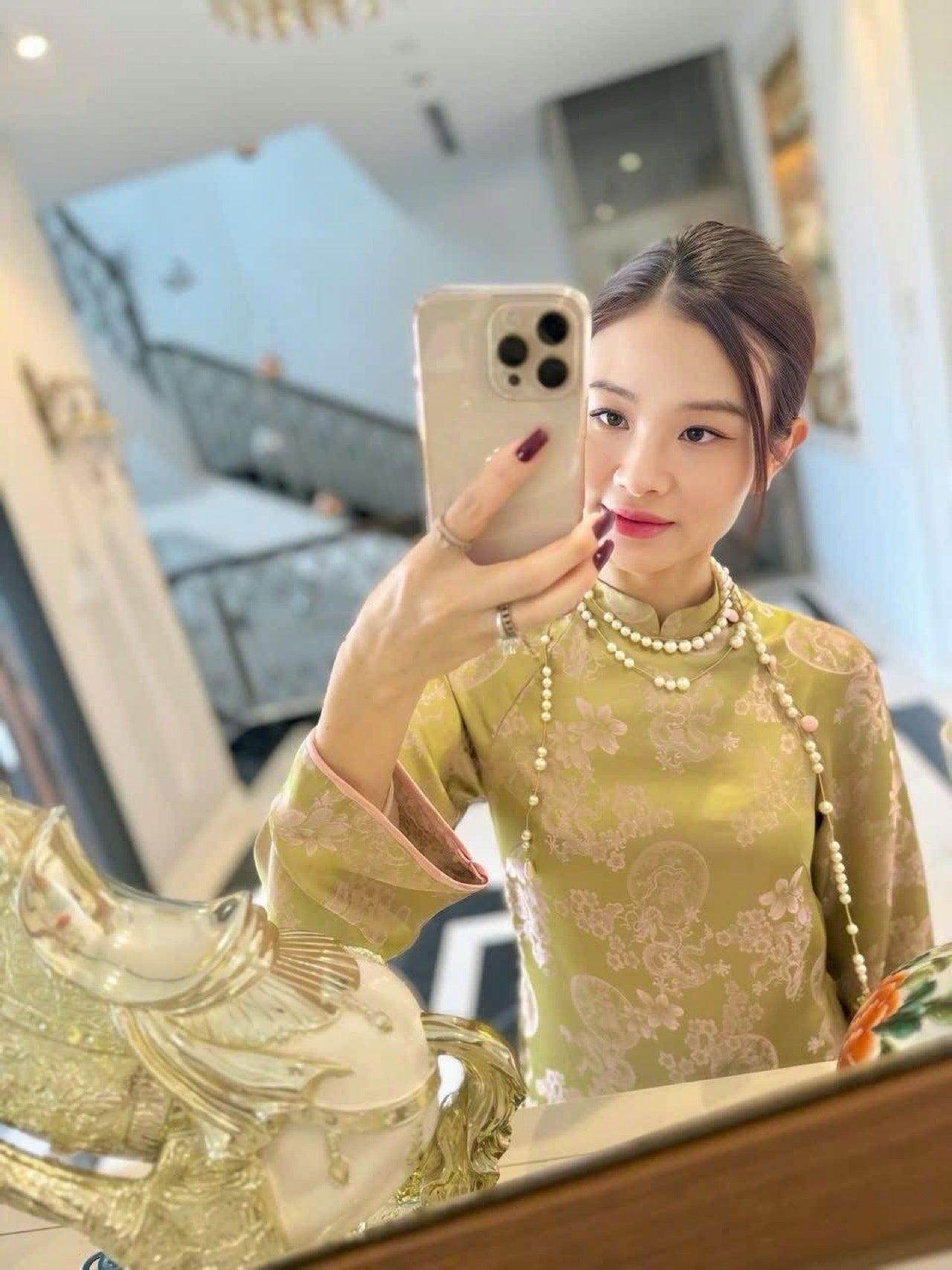 M195 áo + quần hồng cùng chất - Áo dài gấm lụa tơ tằm