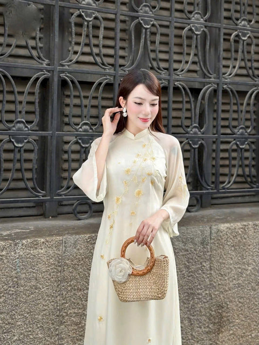 PreOrder TN1603 Áo+Quần- Áo dài tơ thêu Nhã Chi trắng kem