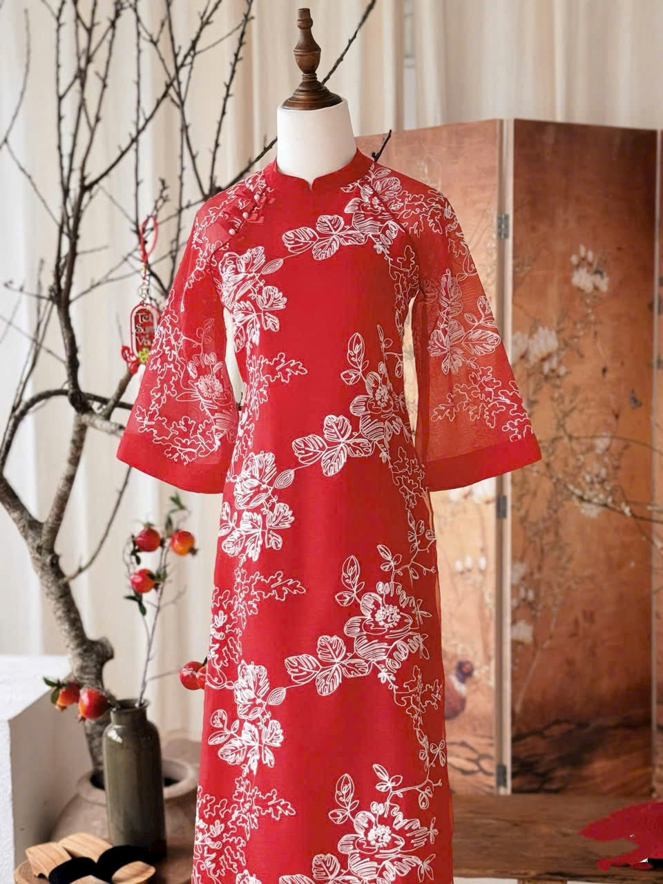 M170 áo + quần - Áo dài mẹ tơ 4 tà dệt nổi màu đỏ + quần đỏ