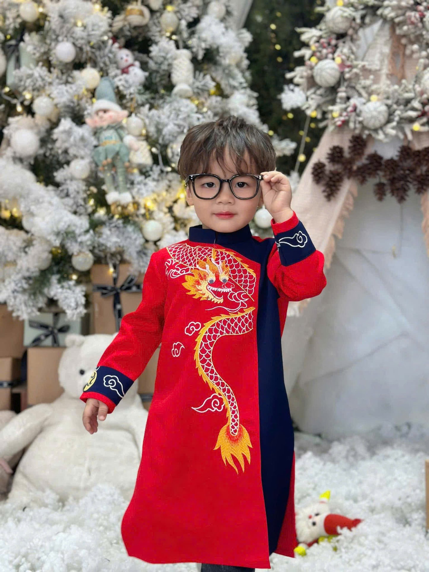 BT68 Áo only - Áo dài bé trai thêu rồng màu đỏ