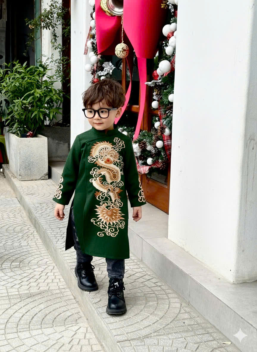 BT69 Áo only - Áo dài bé trai thêu rồng màu xanh lá