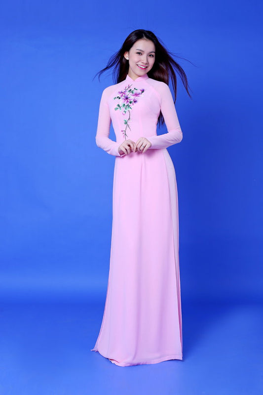 C65 4296 only áo - Áo dài chiffon 4 tà màu tím cà thêu hoa