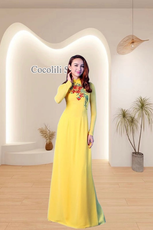 C47 4116 only áo - Áo dài chiffon vàng thêu hoa phượng