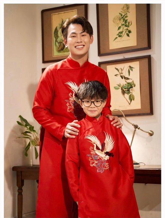 BL123 4812 Áo only - Áo dài bé Trai màu đỏ tafta