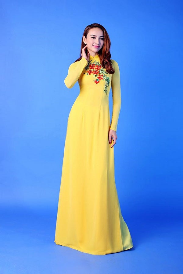 C47 4116 only áo - Áo dài chiffon vàng thêu hoa phượng