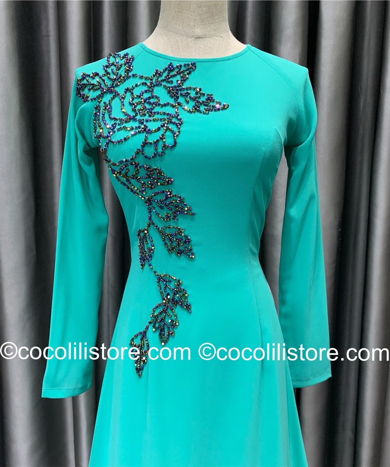 S92 4184 only áo - Áo dài chiffon xanh ngọc đính ngọc lấp lánh