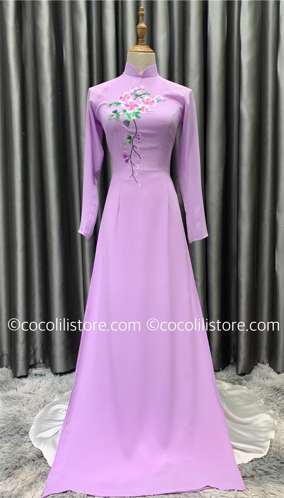 C65 4296 only áo - Áo dài chiffon 4 tà màu tím cà thêu hoa