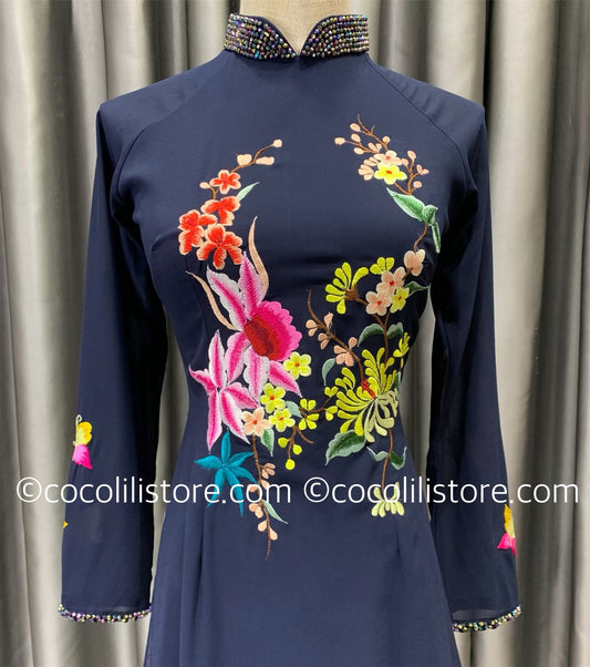 C69 4303 only áo - Áo dài chiffon màu xanh than thêu hoa đính cổ pha lê