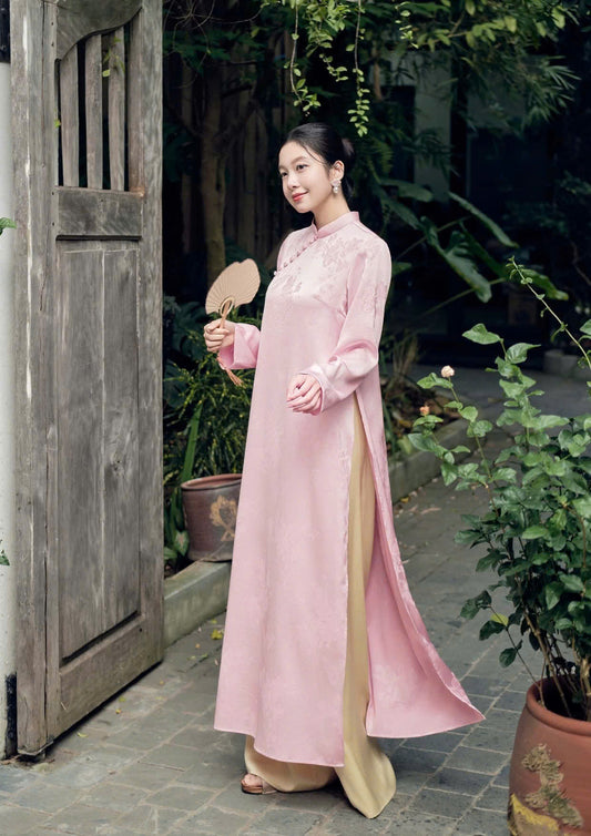 H506 Áo + quần - Áo dài dáng suông gấm châu sa 2 tà màu hồng