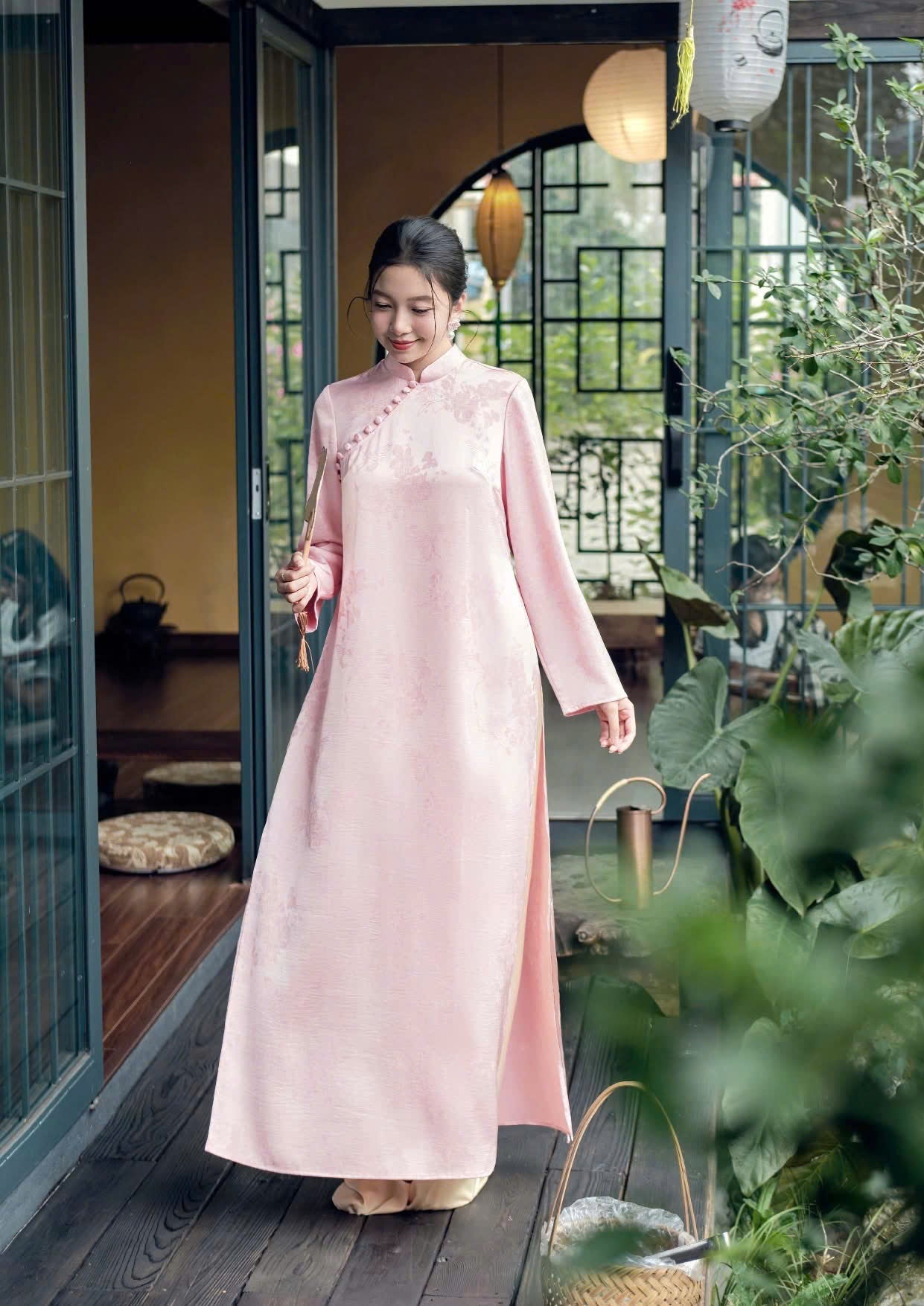 H506 Áo + quần - Áo dài dáng suông gấm châu sa 2 tà màu hồng