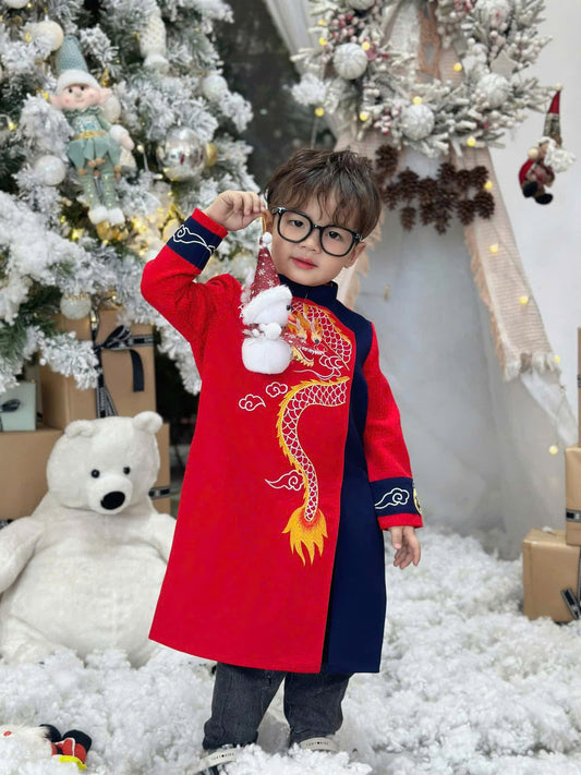BT68 Áo only - Áo dài bé trai thêu rồng màu đỏ