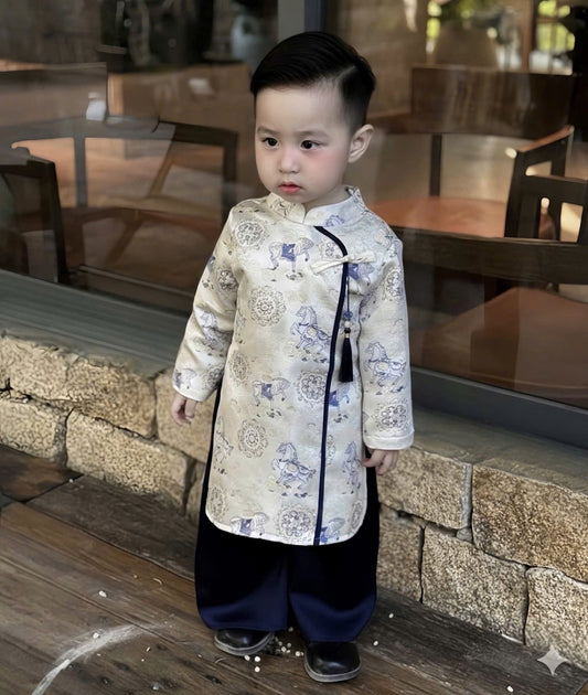 BT70 Áo only - Áo dài bé trai gấm màu trắng