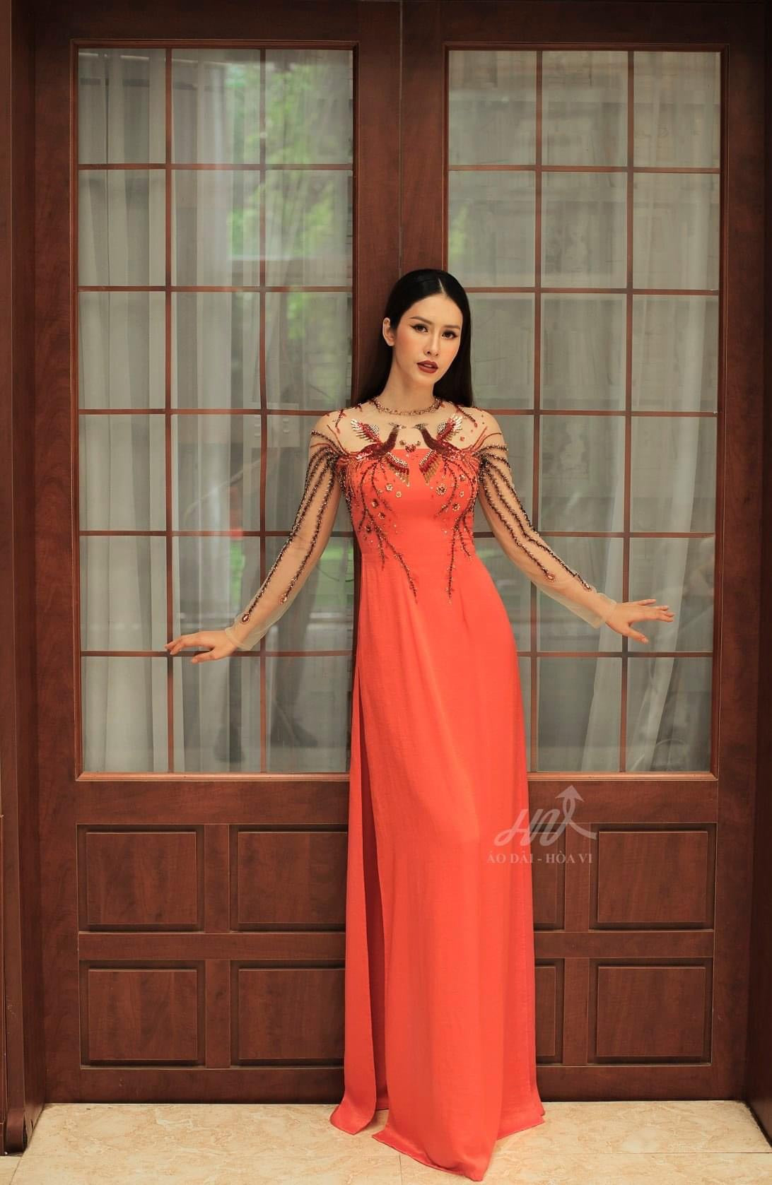 S12 shipnhanh Only áo - Áo dài thiết kế chiffon 4 tà phối ren đính kết màu cam - Cocolilistore