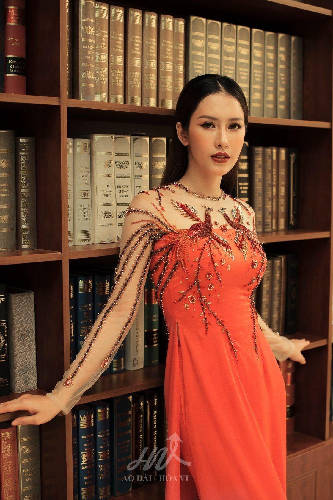 S12 shipnhanh Only áo - Áo dài thiết kế chiffon 4 tà phối ren đính kết màu cam - Cocolilistore